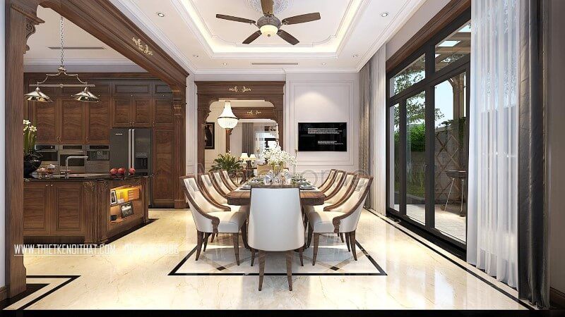 Bàn ghế ăn gỗ óc chó đẹp được trưng bày tại biệt thự Vinhomes Greenbay Hà Nội.