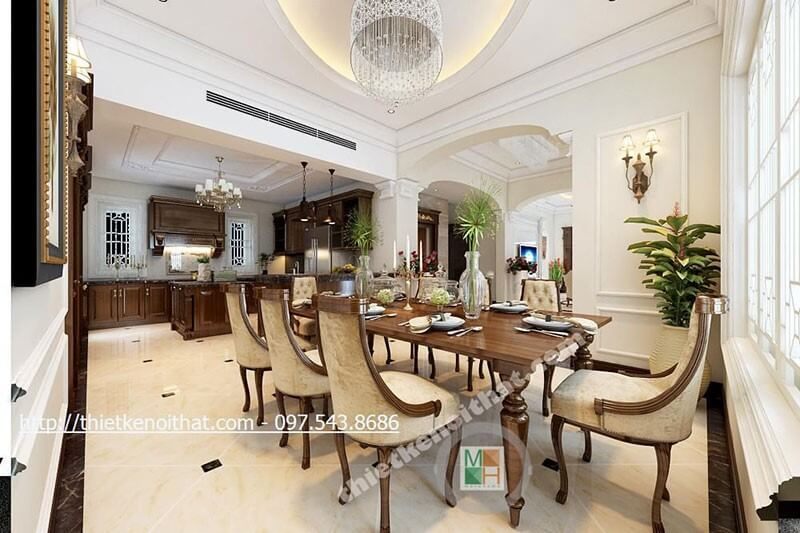 ăn Sự kết hợp giữa nội thất gỗ tự nhiên cao cấp và cách trang trí cây xanh giúp tạo nên một không gian thư giãn cho phòng ăn cổ điển.