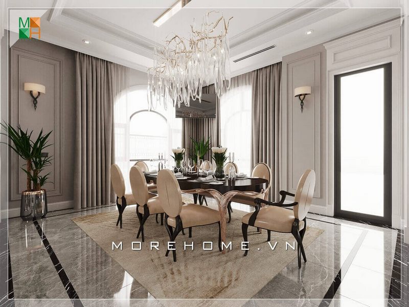 Mẫu thiết kế nội thất cho phòng ăn có phong cách tân cổ điển sang trọng và đẳng cấp để tạo nên một biệt thự đẹp.